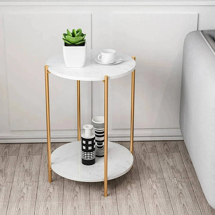 Chic round shape with a sturdy metal frame and luxurious marble surfaces