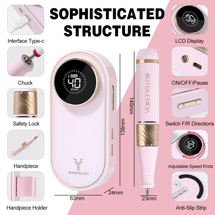 Nail drill 40000RPM pink cordless electric file for acrylic and gel nails