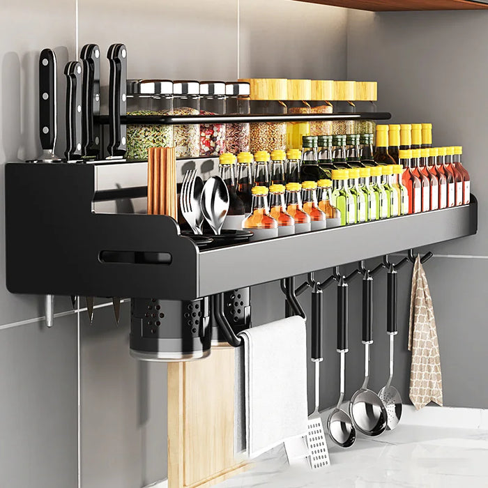 Double-Layer Wall-Mounted Kitchen Spice & Knife Storage Rack