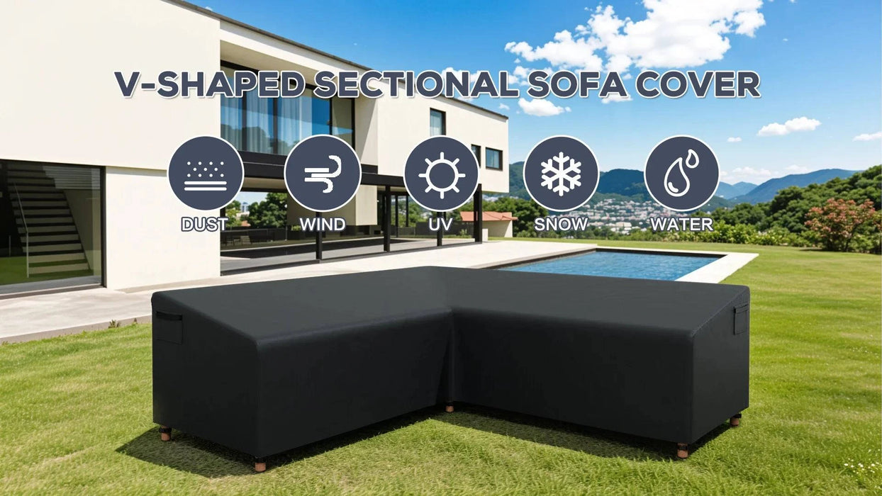 Black waterproof V-shaped sectional sofa cover, 228x228x85x78cm, 420D material