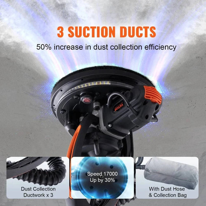 850W Electric Drywall Sander with Adjustable Variable Speed and Self-Suction Handle - FLUXA
