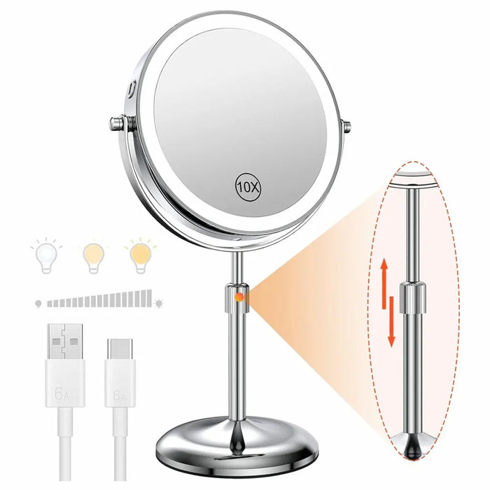 Professional 20 cm Makeup Mirror with User Manual and Charging Cable