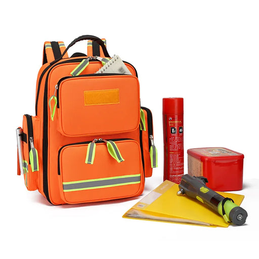 Large capacity orange emergency rescue backpack with first aid supplies