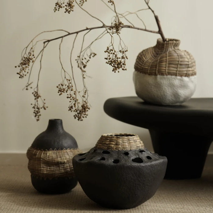 Decorative Resin Flower Vase with Rattan Patchwork Design