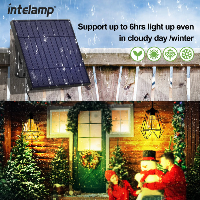 Solar pendant light mounted on a patio railing for outdoor use