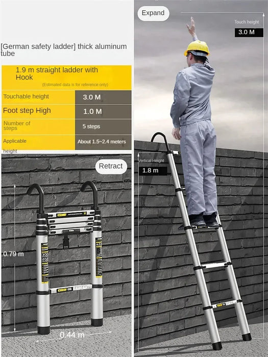 1.9m Telescopic Folding Ladder Aluminum Portable Step Stool