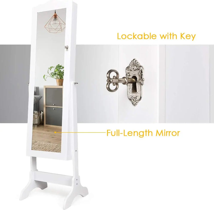 Standing Jewelry Organizer with Full-Length Mirror Multiple Shelves, Hooks & Lock