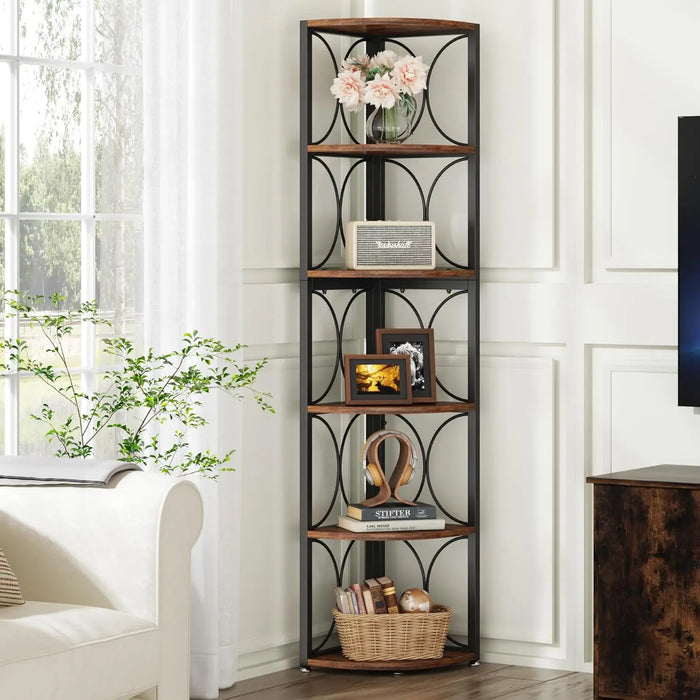 Tall Corner Bookshelf with 6 Shelves Rustic Wooden Storage Unit for Living Room