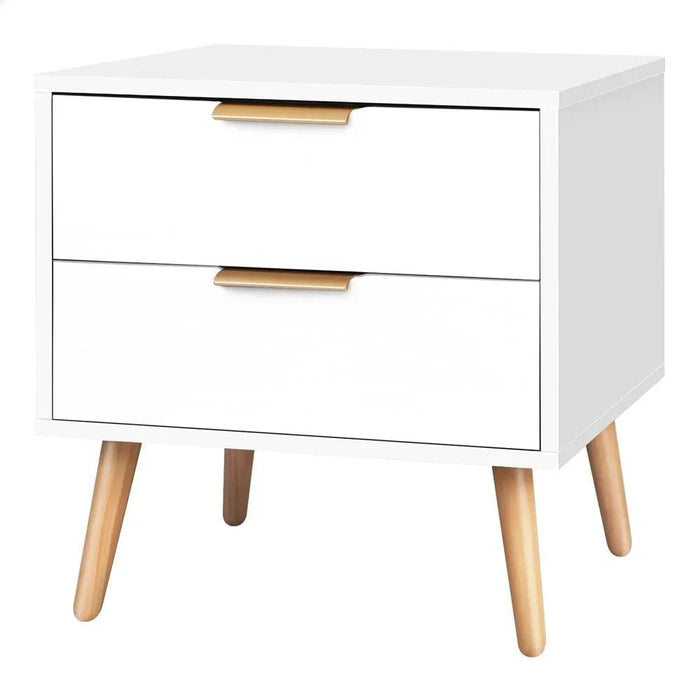 Scandinavian Bedside Table Nightstand with Storage Cabinet (2 Drawers - White) in modern bedroom setting