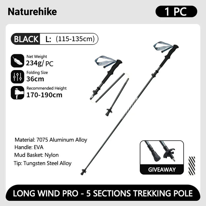 Trekking poles black carbon fiber folding hiking walking sticks 115-135cm