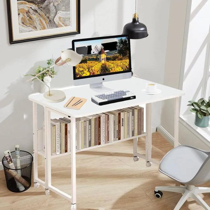 Portable Folding Desk with 100cm Tabletop and Storage Shelves Modern Mobile Office Solution