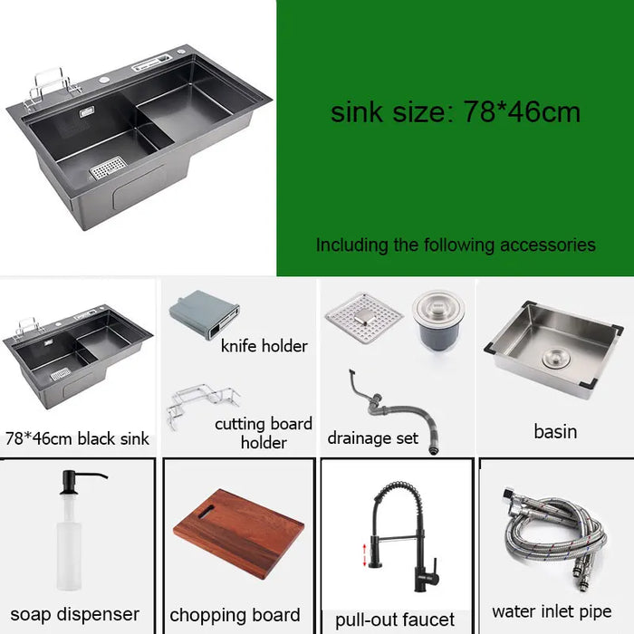 Multifunctional Stainless Steel Kitchen Sink with Faucet & Rack silver 78x46cm B