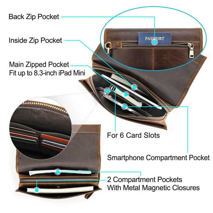 Men's leather clutch wallet with password lock and wrist strap