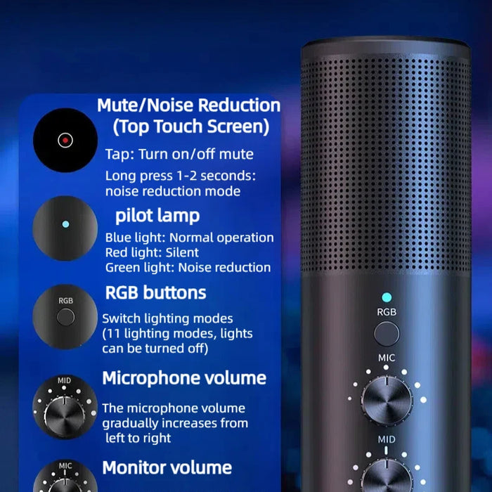 RGB Gaming USB Mic, 16dB Noise Cancellation, Mute & Boom Arm - Black