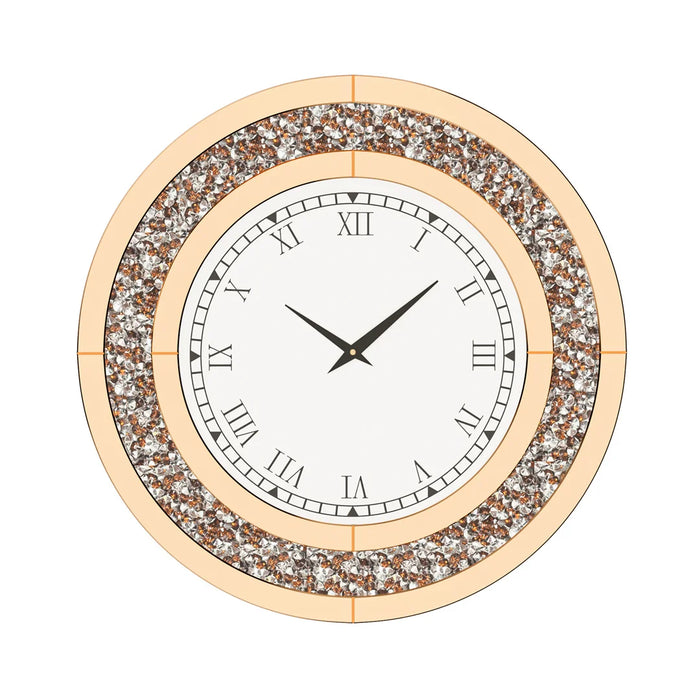 Tawny Tinted Round Mirror Wall Clock with Sparkling Diamond Crushed Crystal accents and Roman numeral analogue display