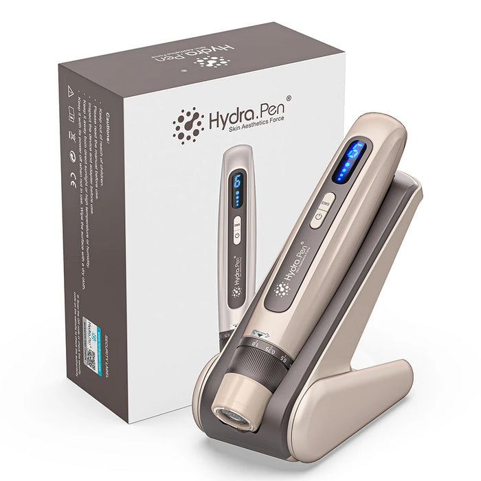 EMS microcurrent microneedling pen in gold with adjustable speed and liquid infusion for professional skincare treatments