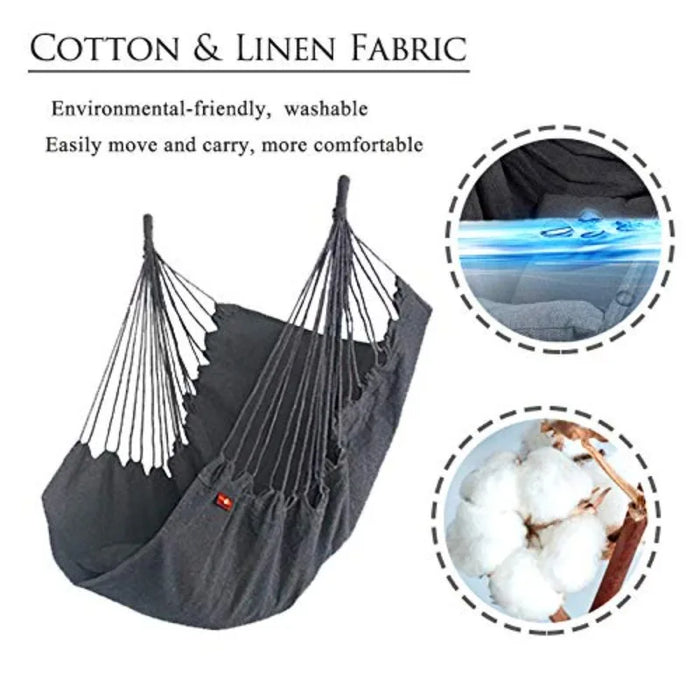 Grey hammock chair with storage bag for easy travel and transport