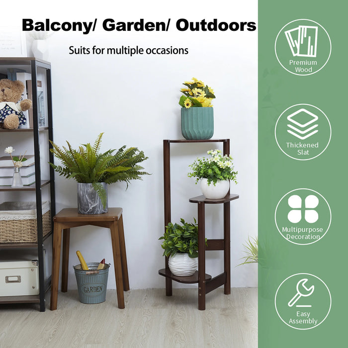 3-Tier Bamboo Corner Shelf Plant Rack – Natural Wood Indoor Outdoor Stand Shelf displaying potted plants in natural wood corner stand