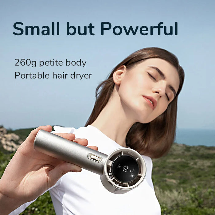White mini portable hand fan with LED display for travel and outdoor use