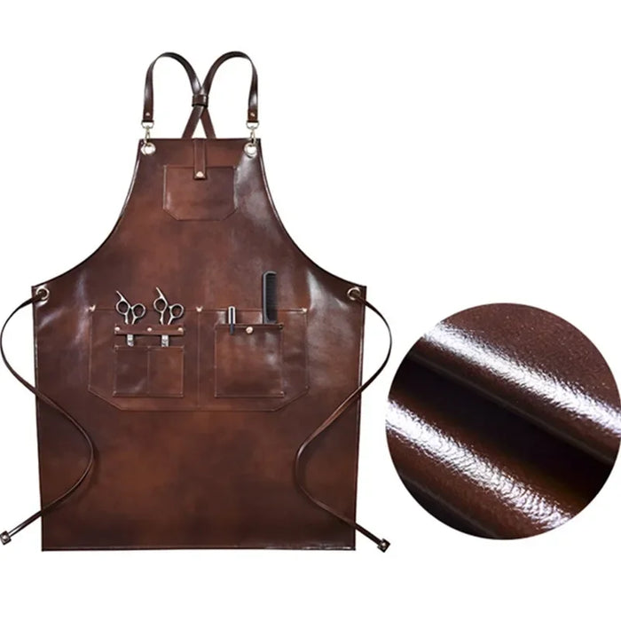 Barbershop apron in coffee PU leather, waterproof, with crossback design