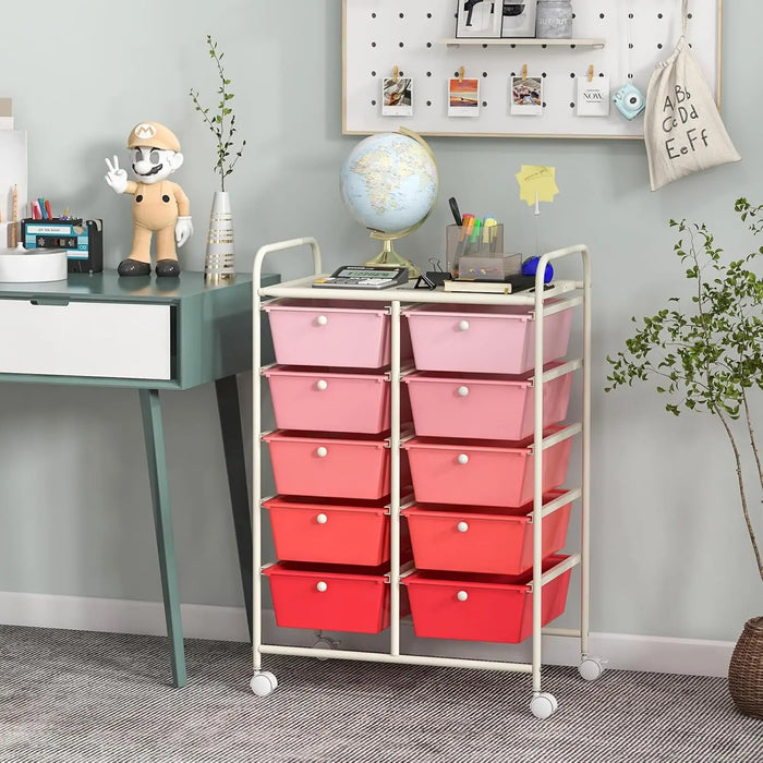 Portable 10-Drawer Storage Trolley with Lockable Wheels Metal Frame for Home, School & Art Use