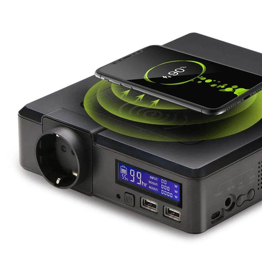 200W Portable Power Station 154Wh Solar Powerbank with 1 AC outlet, 2 USB-A ports, 1 USB-C PD 60W port, and 1 wireless charger for outdoors