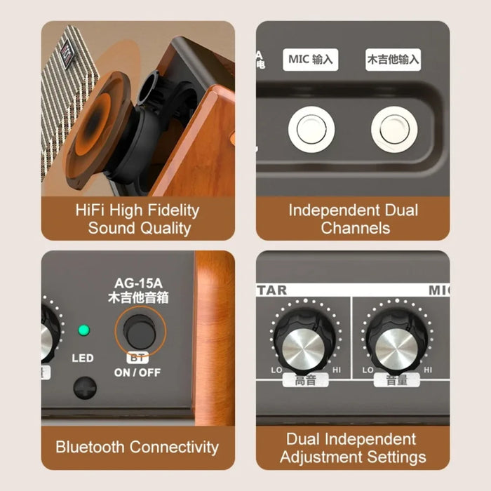 Acoustic Guitar Amplifier Bluetooth Speaker Rechargeable 15W Dual Channel (AG15A) amplifying sound during a live performance