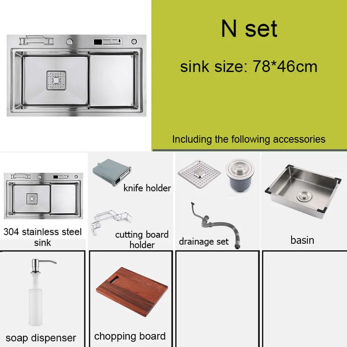 Multifunctional Stainless Steel Kitchen Sink with Faucet & Rack silver 78x46cm B