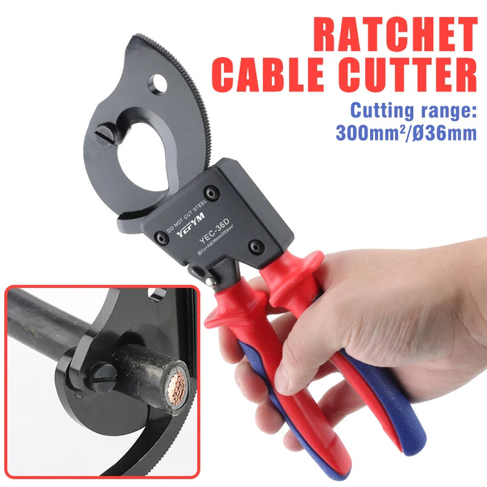 Insulated ratcheting cable cutters with heavy-duty wire pliers and 240mm² capacity