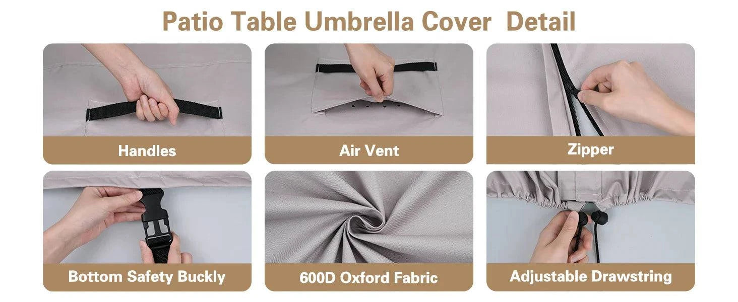 Waterproof black patio table cover with umbrella hole, 270cm long
