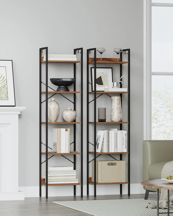 Industrial 6-Tier Bookshelf with 2 Hooks Rustic Brown & Black, Corner Storage Organizer