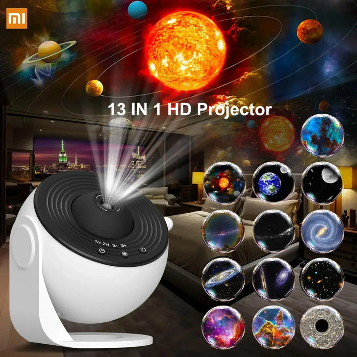 High-definition projection of celestial wonders like the Solar System, Milky Way, Andromeda Galaxy, and more
