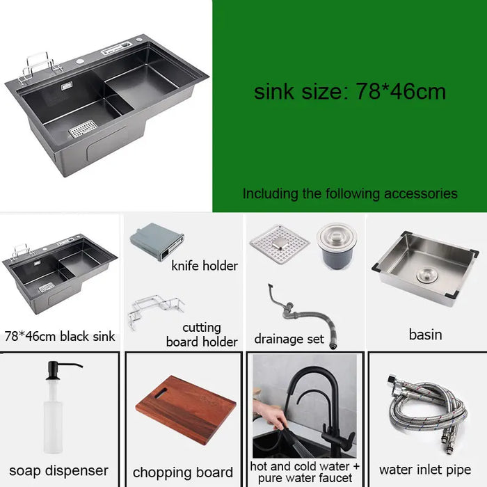 Multifunctional Stainless Steel Kitchen Sink with Faucet & Rack silver 75x45cm C