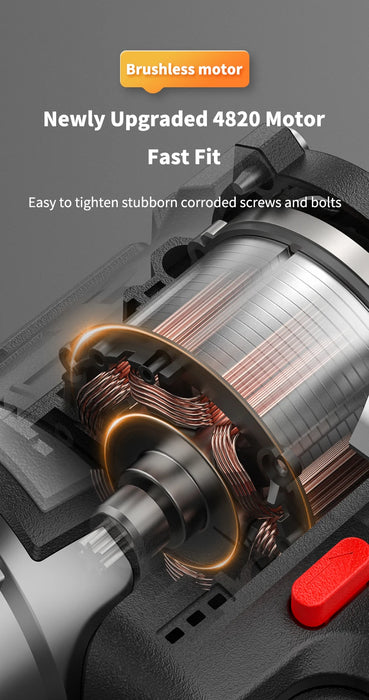 Brushless lithium-ion impact screwdriver rechargeable electric drill in action on metal surface
