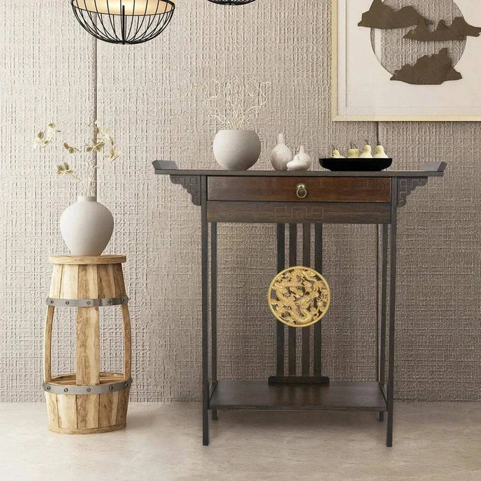 Vintage Rustic Console Table with Pull Drawer & Shelf - FLUXA