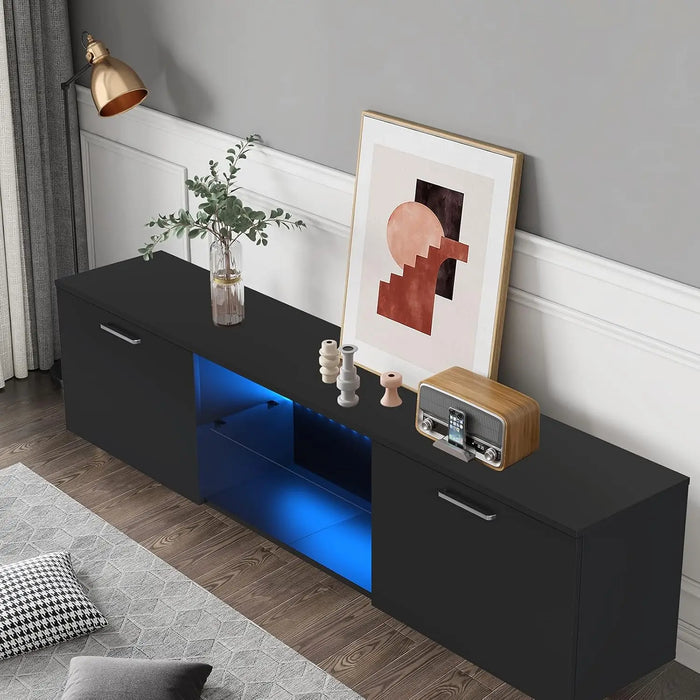 Modern 160cm Media Console LED Lights, Storage Cabinets & Open Shelf for Living Room TVs