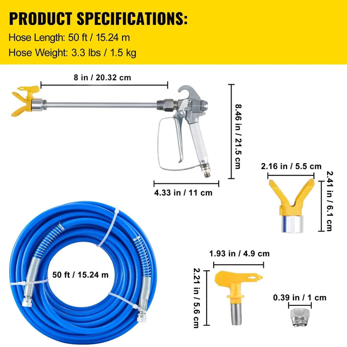 50ft Airless Paint Spray Hose Kit, 3600 psi High Pressure, Fiber Tube, 8-inch Rod Pole, Includes 517 Tip & Guard