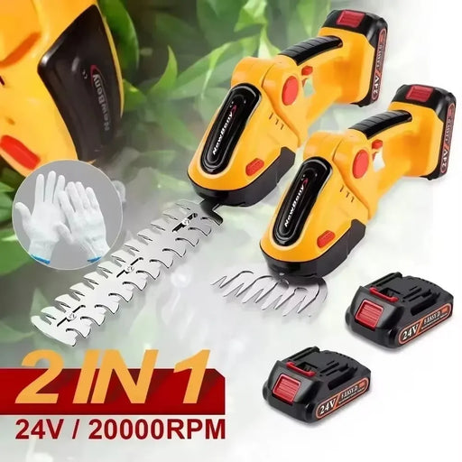 Green 2-in-1 cordless electric hedge trimmer with 20000RPM no-load speed