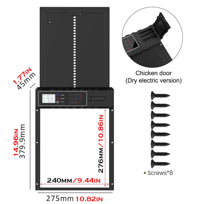 Automatic chicken coop door package includes installation kit and user manual for quick and tool-free setup