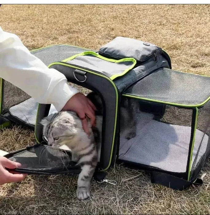 Soft-sided pet carrier with expandable design for extra space and comfort, ideal for large cat breeds