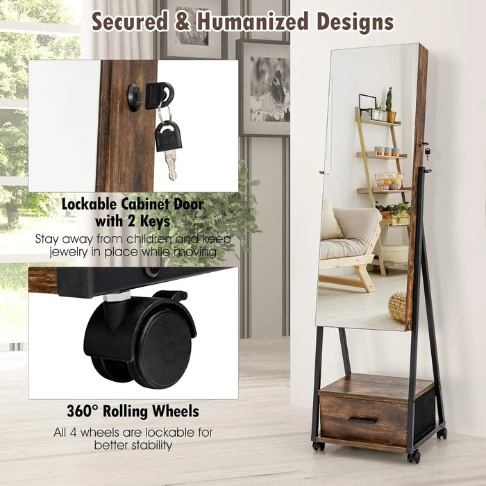 Standing Jewelry Organizer with Mirror, Lockable Door, Velvet Lined Drawers & Wheels