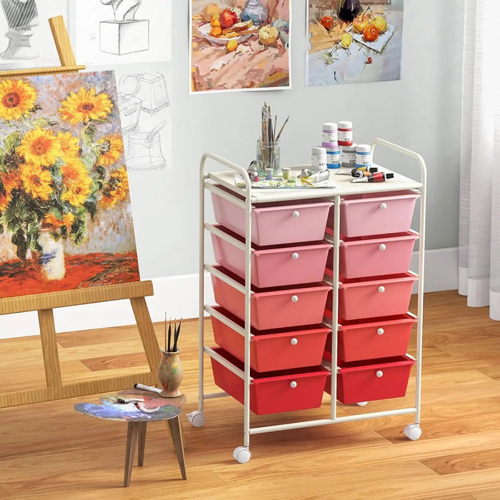 Portable 10-Drawer Storage Trolley with Lockable Wheels Metal Frame for Home, School & Art Use