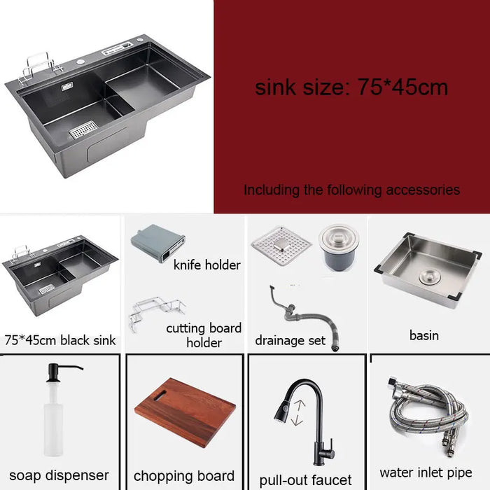 Multifunctional Stainless Steel Kitchen Sink with Faucet & Rack silver 75x45cm C