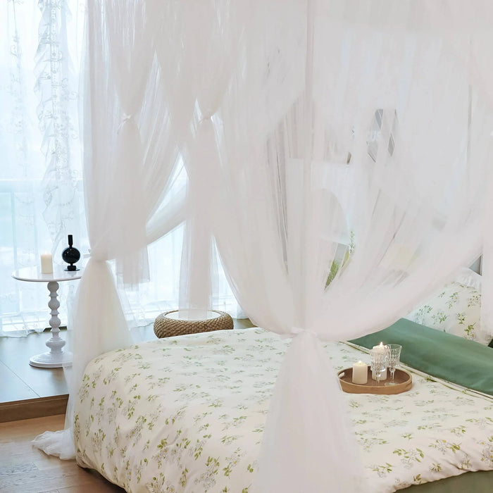 White Twin Size Four Corner Mosquito Net Canopy Bed Set