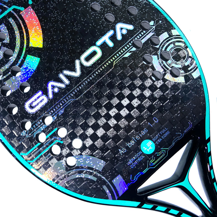 Beach tennis racquet made of 12K carbon fiber with rough surface and included backpack for professional play