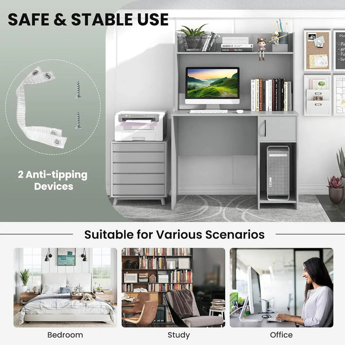 Home Office Computer Desk Gray with Raised Shelf, 2 Open Shelves & Cabinet with Adjustable Storage