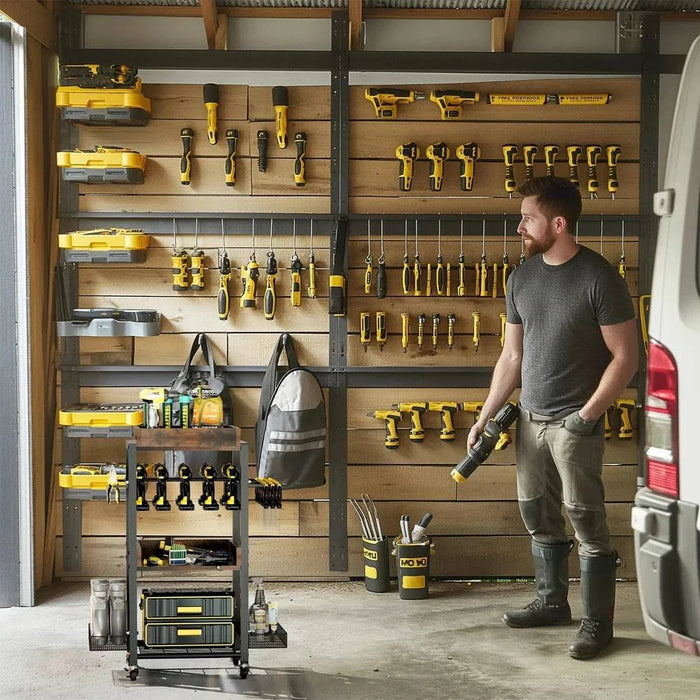 Ample storage space with 3 trays, 2 side mesh shelves, and screwdriver holders