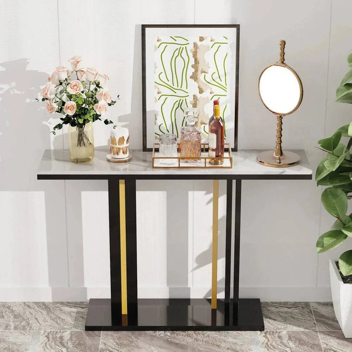 Elegant narrow console table with black and gold finish