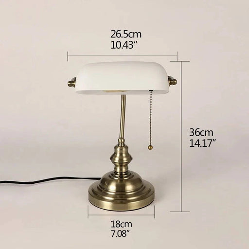 Classical desk lamp with amber stained glass shade and zipper switch