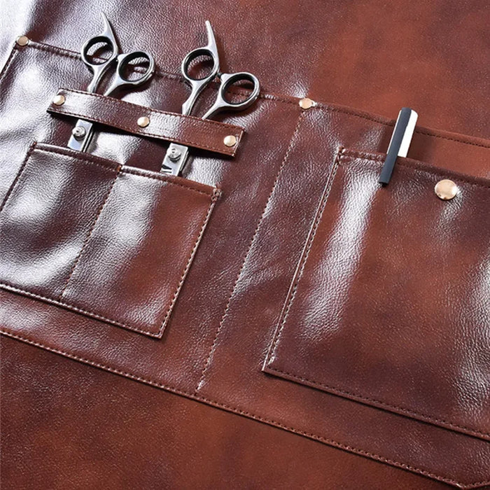 Barbershop apron made of durable and waterproof coffee-colored PU leather